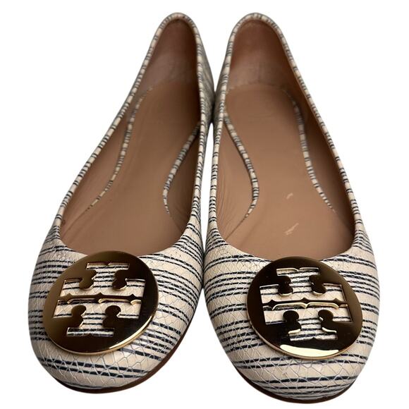 Tory Burch White Blue Striped Snake Leather Gold Logo Reva Ballet Flats Sz 11 M - Picture 11 of 15